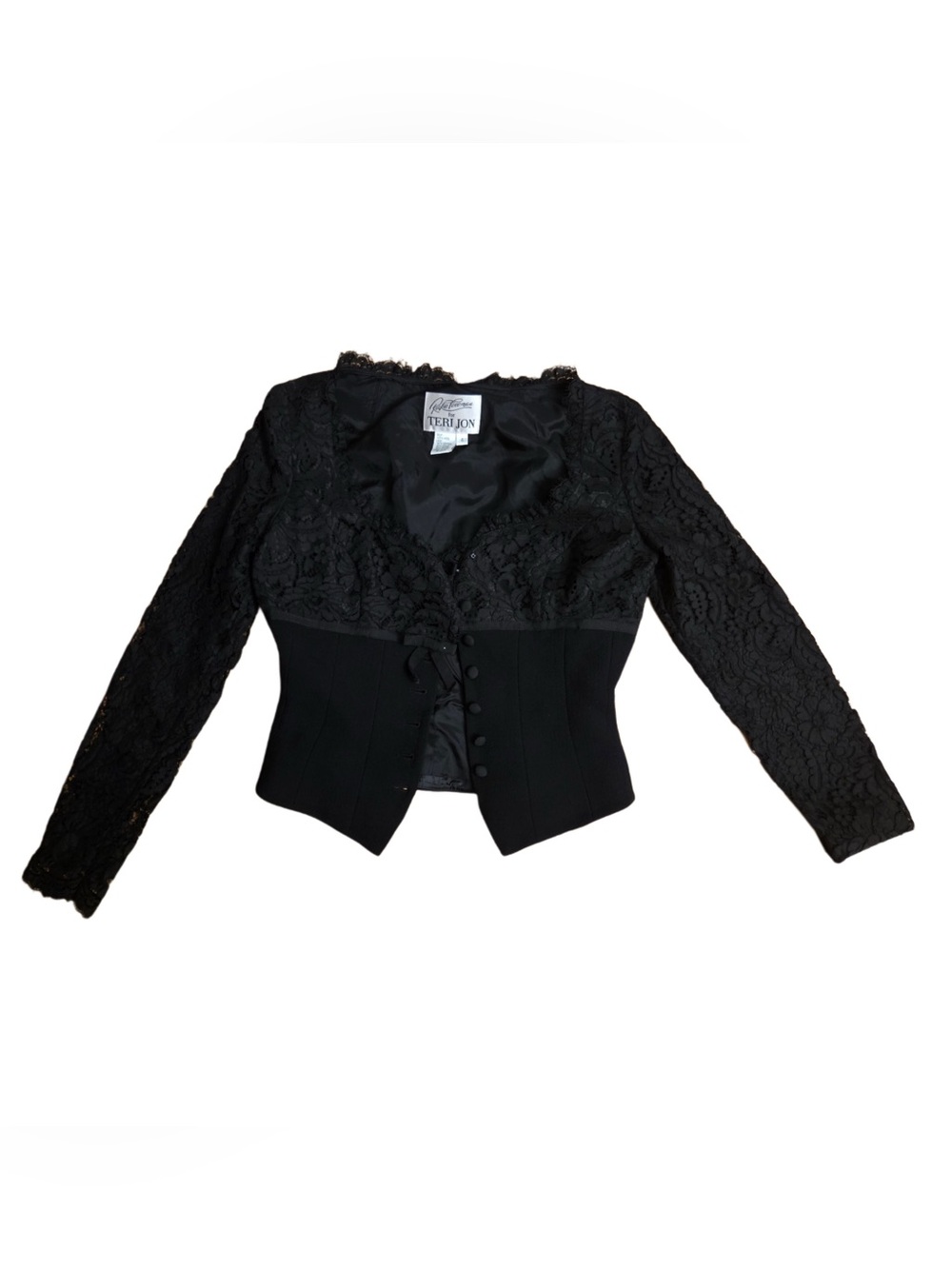Teri Jon Black Lace Long Sleeve Cropped Jacket